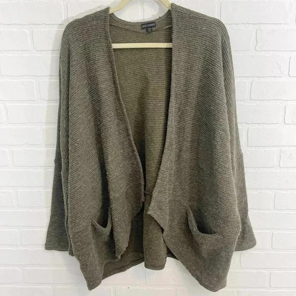 Coco + Carmen Open Front Long Sleeve Patch Pocket Cardigan Sweater Brown OS - Picture 2 of 10